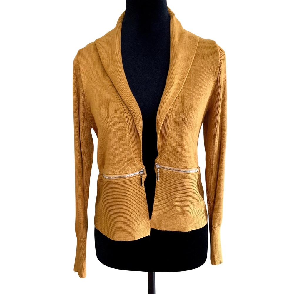 Tahari Petite Mustard Yellow Shawl Collar‎ Zip Detail Ribbed Cardigan Sweater PM